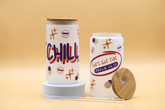 “Chill. God’s Got This!” Frosty Glass Cup with Bamboo Lid and Straw | 16oz