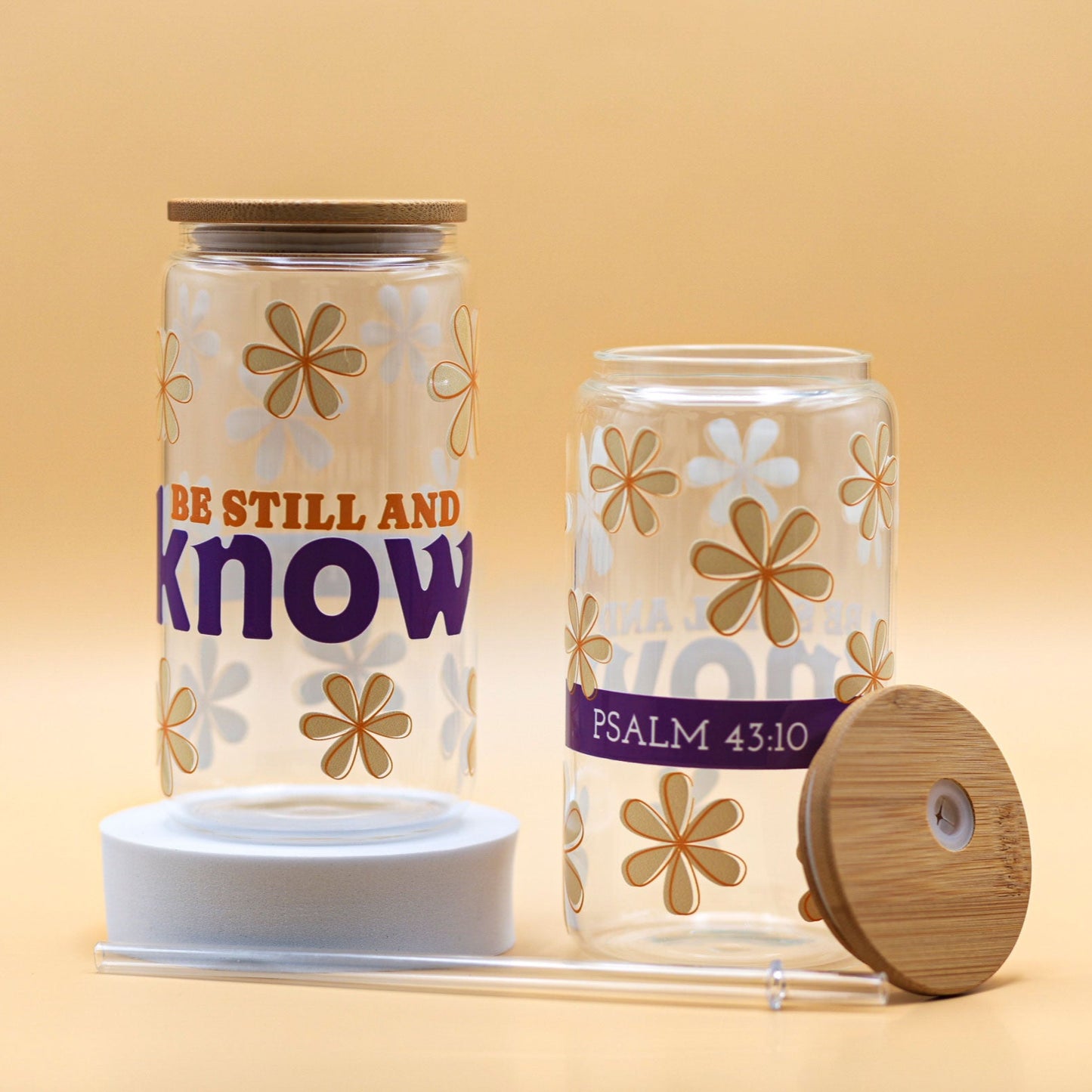 “Be Still And Know” Clear Glass Cup with Bamboo Lid and Straw | 16oz