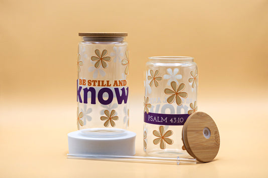 “Be Still And Know” Clear Glass Cup with Bamboo Lid and Straw | 16oz