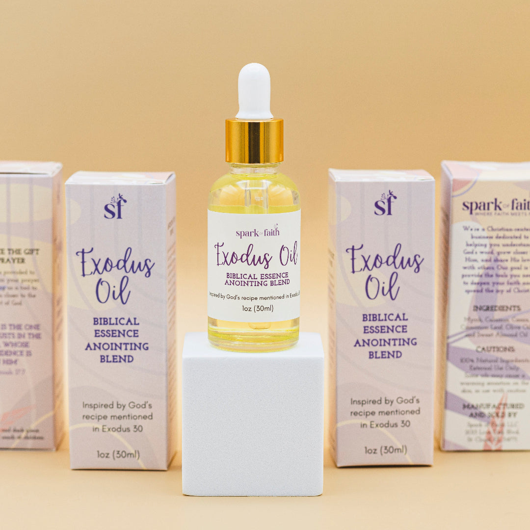 Exodus Anointing Oil packaging and bottle displayed together, featuring a sleek design with faith-inspired details, perfect for enhancing prayer and devotion.